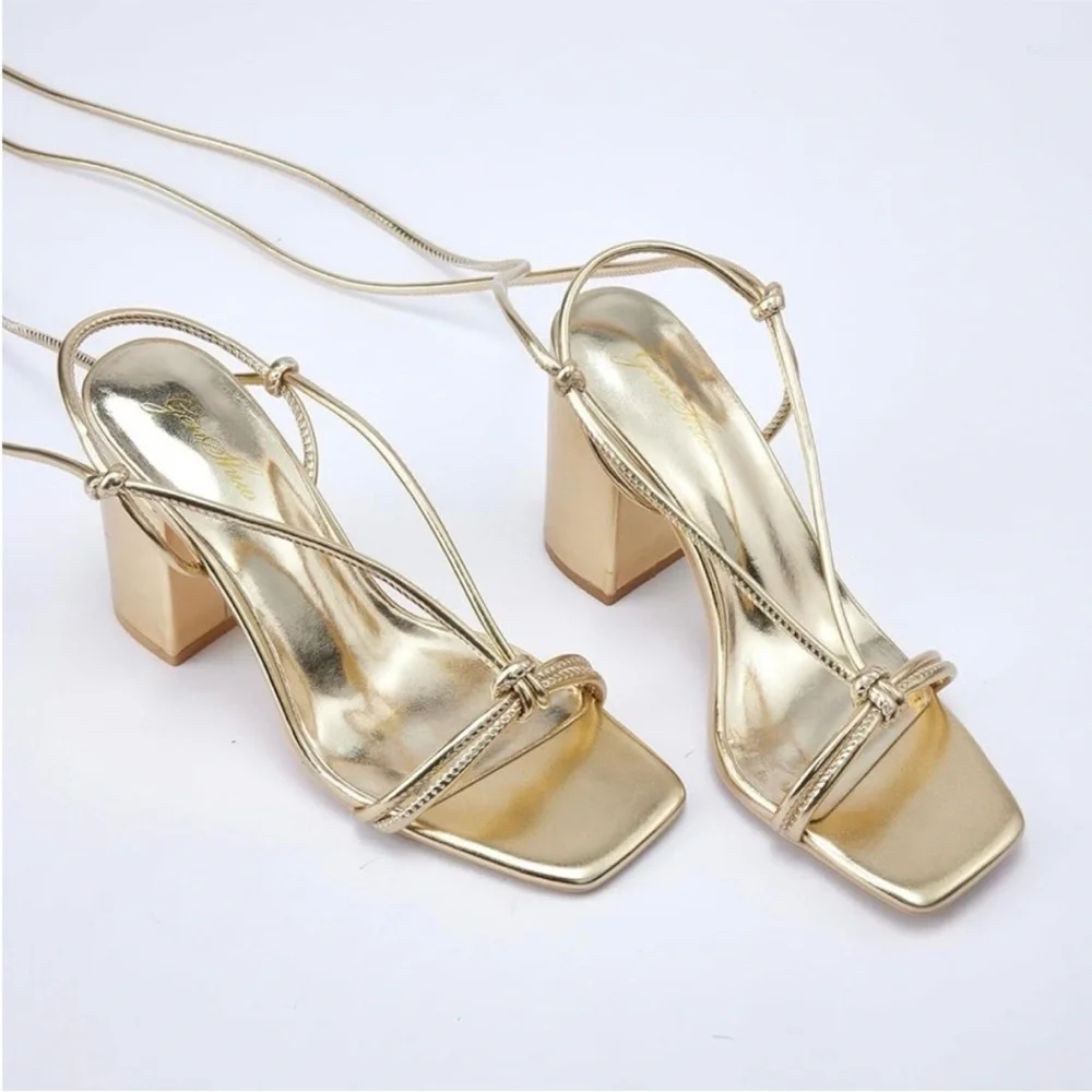 Gold Elegant Strappy Heels Square Toed Sandals